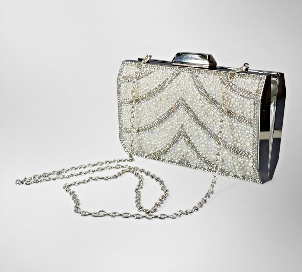Vintage Pearl Rhinestone Evening Clutch Purse Silver Chain Wedding Prom